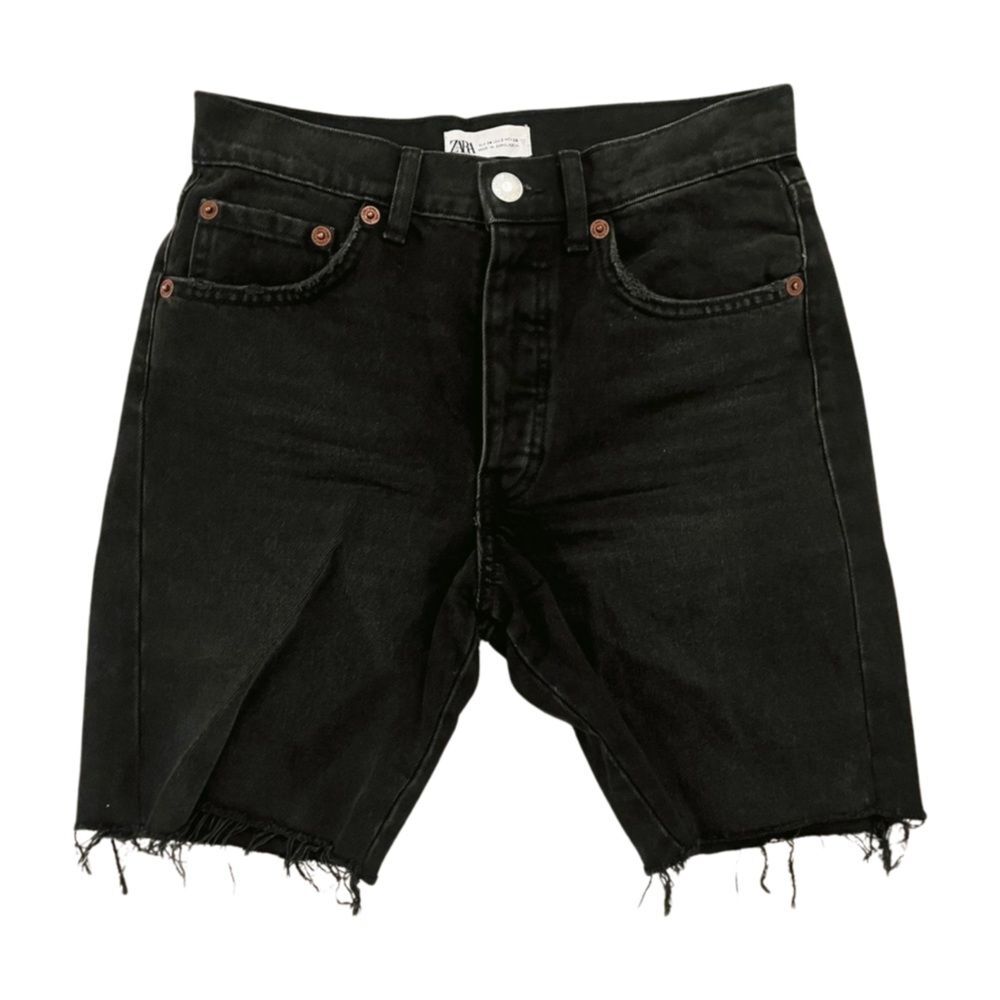 ZARA Black Denim Frayed Bermuda Jean Short